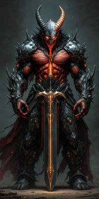 The primary subject of the image is a character, possibly a demon or a warrior, wearing a suit of armor and holding a sword. The setting appears to be a dark, possibly demonic, environment. The visual style is digital art, as the character is depicted in a detailed and intricate manner. The colors and mood of the image are dark and ominous, with the character's armor and the sword creating a sense of power and danger.